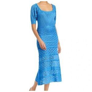 Aqua Blue Puff Sleeves Knit Stretch Crochet Midi Dress Women's Size S